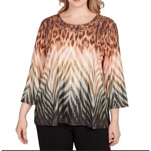 Alfred Dunner Women's 1X Animal Print Sparkle Knit Top 3/4 Sleeve Flowy Boho NWT